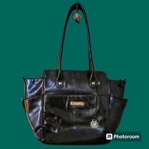 GRACE ADELE Black Patent Faux Leather Carryall Tote Sadie Shoulder Nappy Bag
